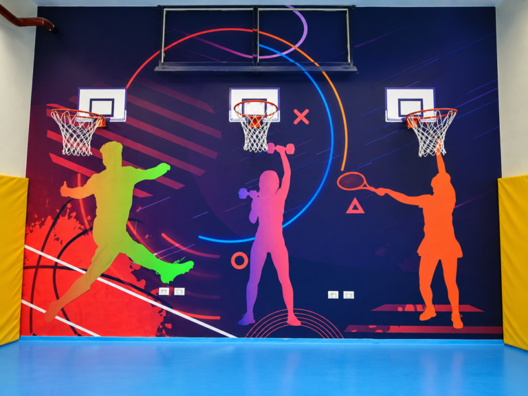 Neon sports mural with three hoops